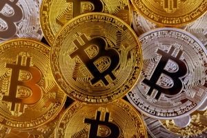 bitcoins on a table