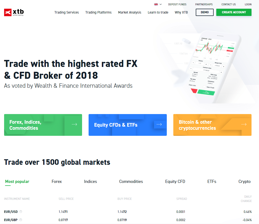 Forex Broker XTB Website Screenshot of Home Page