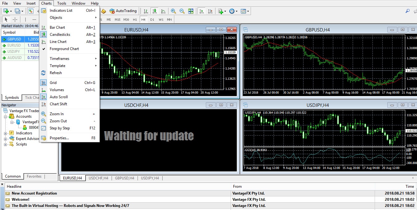 VantageFX MT4 Platform Screenshot