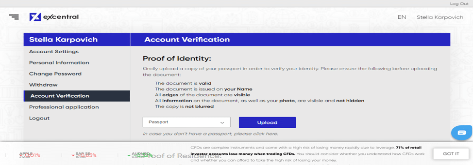 eXcentral account verification example