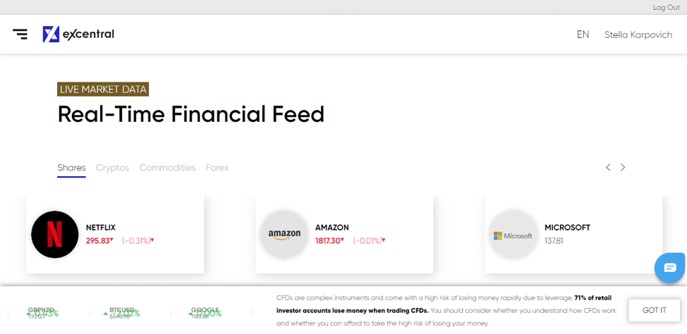 eXcentral website financial feed live market data