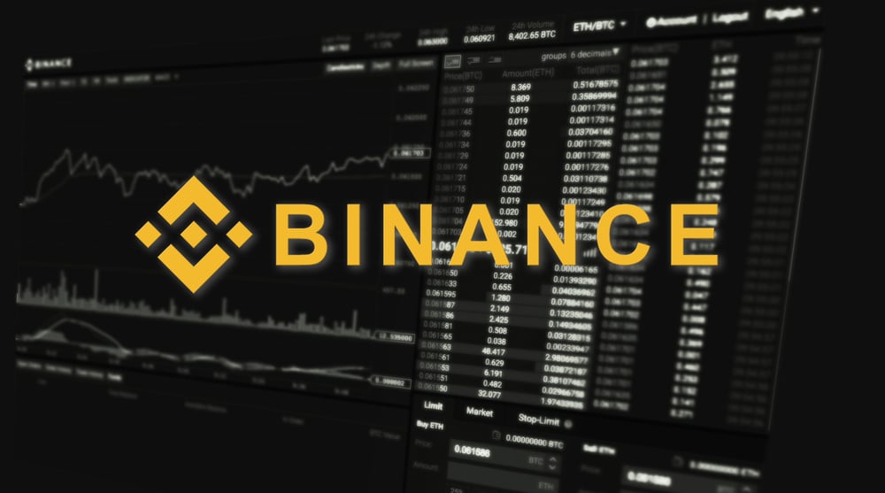 Binance logo edited over Stock price screen and graphs