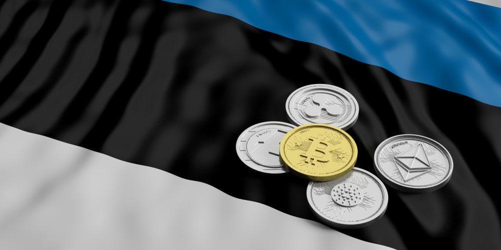Cryptocurrency coins lying on top of Estonian Flag