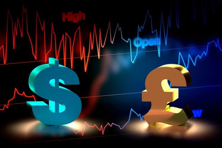 Dollar and GBP symbols in front of line graph