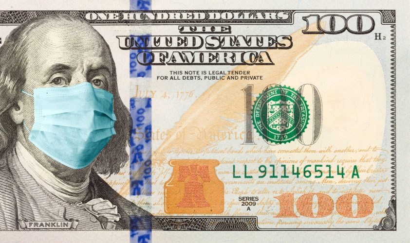 US 100 Dollar Bill with Franklin wearing a face mask