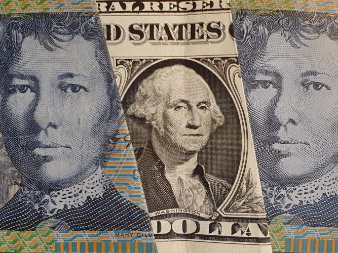 American Dollar Bill folded in between two Australian Dollar Bills