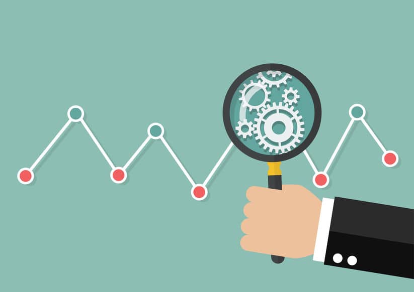 Art with Magnifying Glass showing cogs inside a simple line chart 