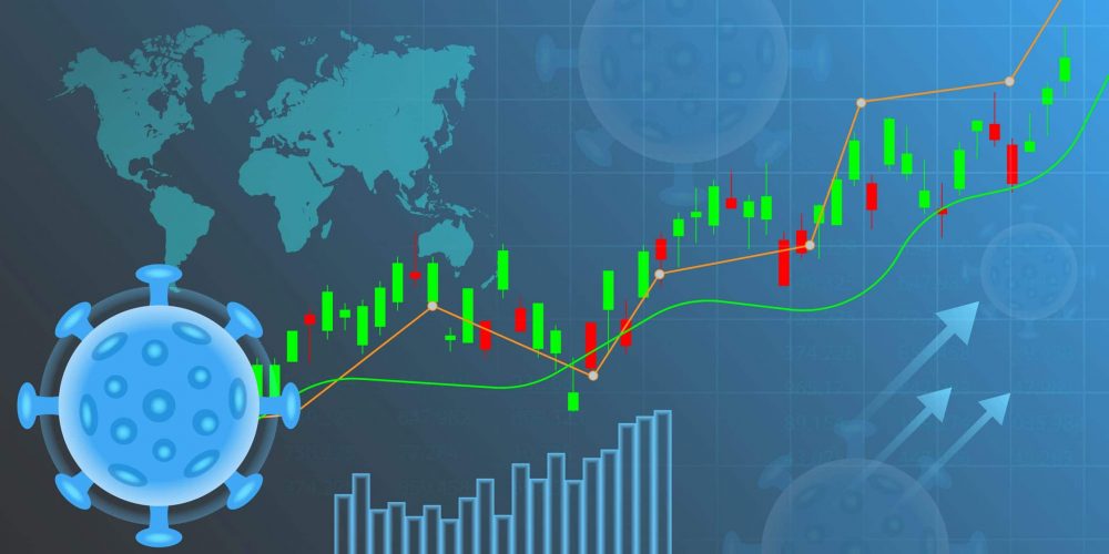 Stock Price Chart with graphs, a map of the world and a Virus graphic