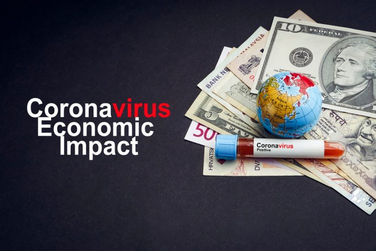 Different currencies under a model of the globe, with the text CORONAVIRUS ECONOMIC IMPACT next to it