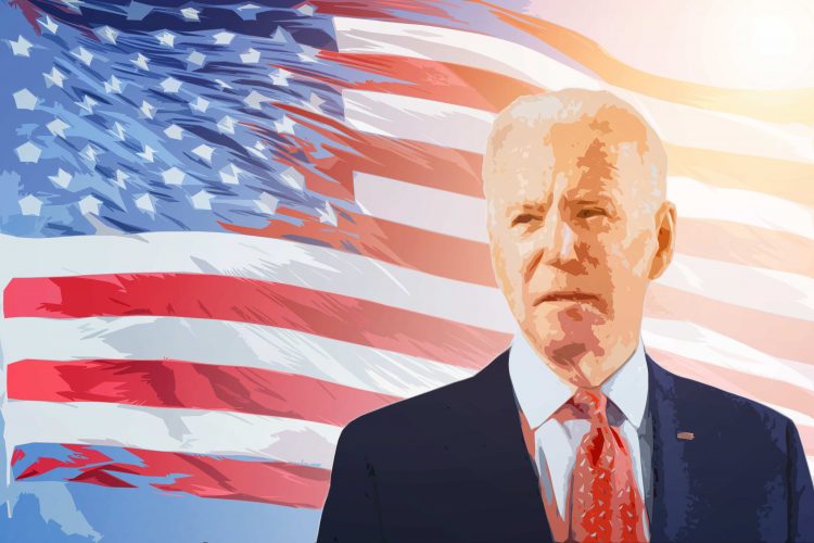 Digitally drawn artwork of Joe Biden in front of the USA flag