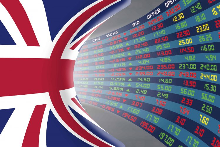 Stock Market Screen alongside Great Britains flag
