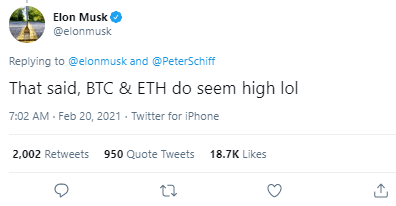 Elon Musk tweet, commenting on BTC and Ethereum prices seeming high