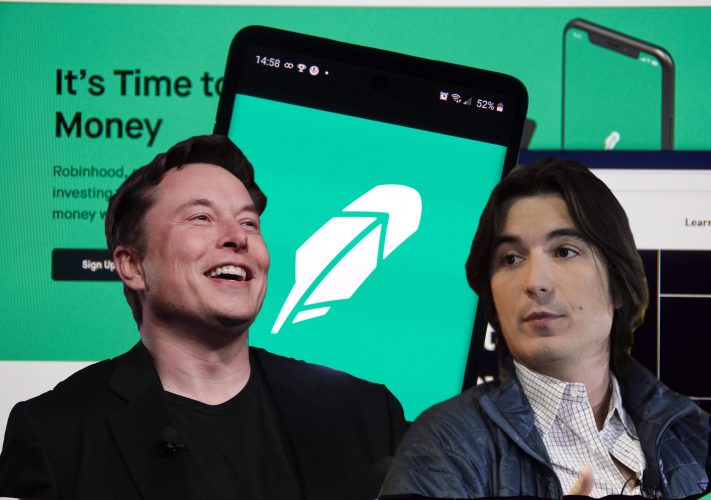 Elon Musk in front of a phone displaying the Robin Hood app