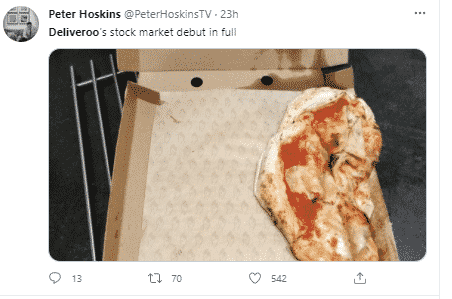 A meme tweeted by Peter Hoskins regarding Deliveroo's stock market debut
