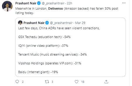 Tweet from Prashant Nair regarding the 30% drop in Deliveroo's stock prices