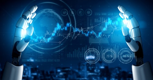 Robotic Hands projecting Stock Market Graph