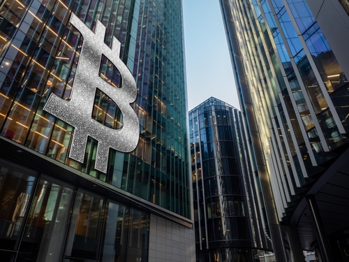 Bitcoin Logo edited onto Office Skyscraper