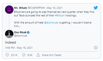 Elon Musk's tweet in response to Mr. Whale on Twitter