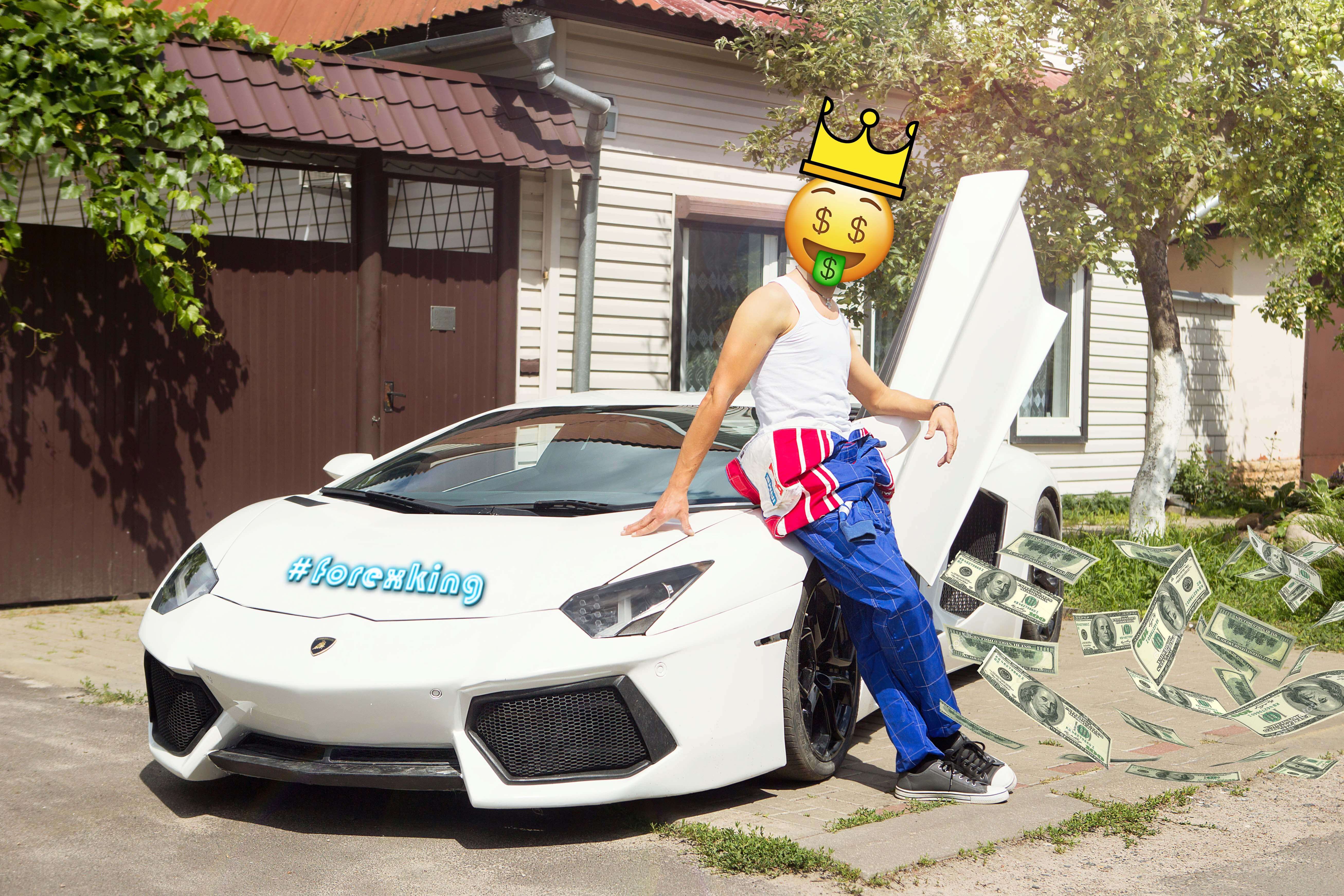Man Standing next to supercar with cash and FOREXKING on the bonnet