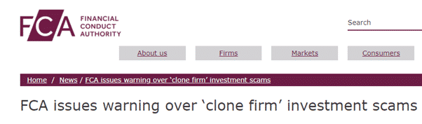 FCA Headline issuing a warning for "clone firm" scams