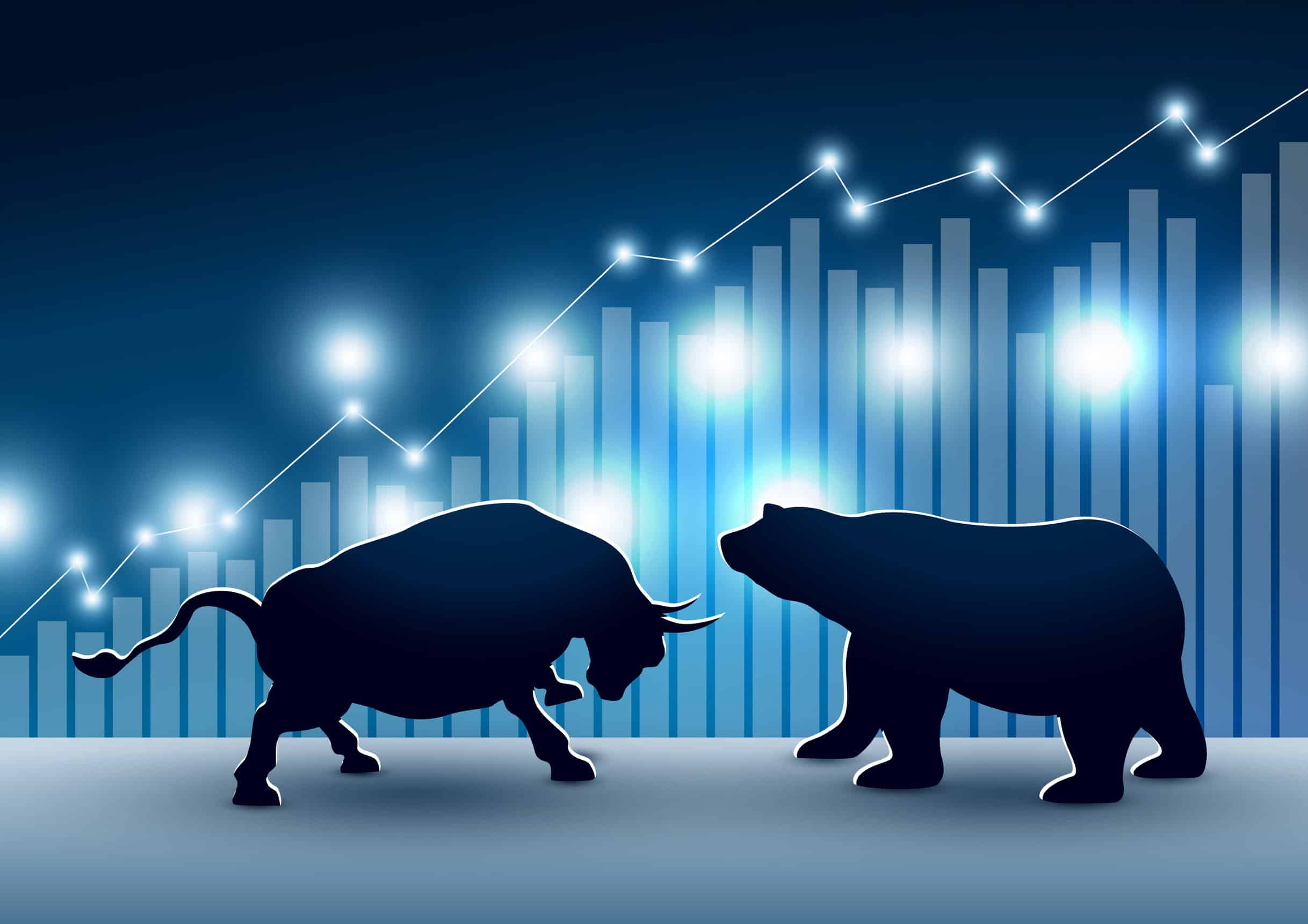 Bull & Bear In Front of Stock Market Chart