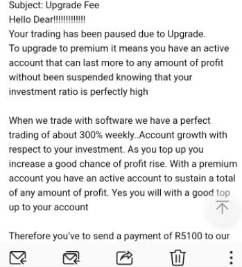 Scam broker message Live Trade247 upgrade fee 